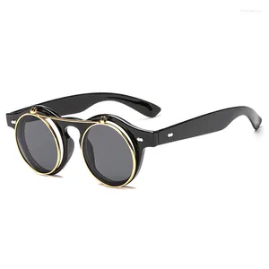 Sonnenbrille Steampunk Retro Steam Punk Brillen Flip Up Mode Leopard 2023 Männer Frauen Runde Sonne