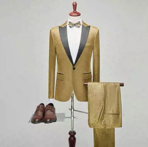 Abiti da uomo Lusso Oro lucido Per uomo 2 pezzi Argento Abiti da palcoscenico Cantanti maschi Blu scuro Abbigliamento da festa Costume da uomo Vestibilità slim