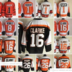 Film Vintage Hokey 1 Bernie Ebeveyn Formaları CCM Nakış 8 Dave Schultz 16 Bobby Clarke 26 Brian Propp Jersey Beyaz Oraneg Siyah