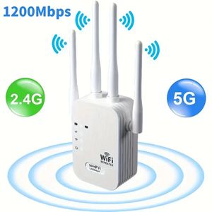 WiFi Extender, WiFi Booster 6X Stronger 1200Mbps WiFi 2.4&5GHz Dual Band(8000sq.ft), WiFi Signal Strong Penetrability 35 Devices 4 Modes 1-Tap Setup