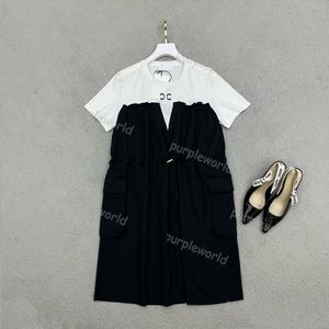 Женское повседневное платье классическое черное белое контрастное платье модные шнурки эластичная талия летняя одежда с короткими рукавами