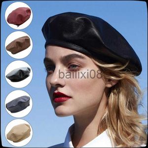 Cappelli a tesa avara Berretto moda donna Berretto berretto solido Pu Berretto in pelle Artista francese Cappello a cuffia caldo Cappello regolabile da donna All-Fiammifero BEST J230802