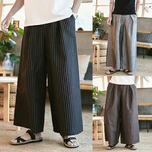 Calças masculinas casuais calças largas de linho de algodão masculina solta quimono listrado tamanho grande