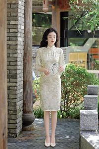 Etnik Giyim Seksi Boncuk Trompet Kollu Nakış Şeması Chifon Cheongsam Zarif Mandarin Yakası Dantel Qipao Çinli Kadın Elbiseler