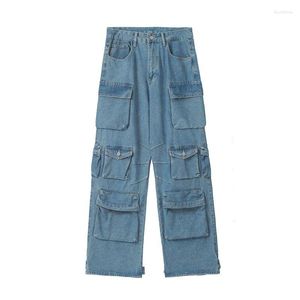 Erkekler Kot 2023 Amerikan Retro High Street çok cepli mavi yıkanmış y2k yüksek belli çiftler gevşek gündelik geniş bacaklı pantolonlar kadın