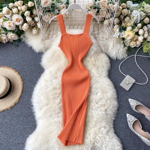 Sıradan elbiseler yaz örgü askısız camis midi elbise kızlar yüksek bel ince düz vücut bodycon kadınlar için uzun