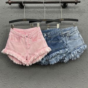 Kadın şortu pembe denim şort kadın yaz yüksek bel çapraz püskül geniş bacak kısa jean ince moda tüm maç jean kısa seksi pantolon 230802