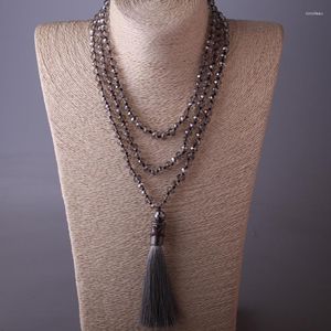 Kolye Kolye Moda Bohem Kabile Artisan Takı Düğümlü Uzun Halsband Gri Cam Kristal Metal Denizyıldız Tassel Kolye