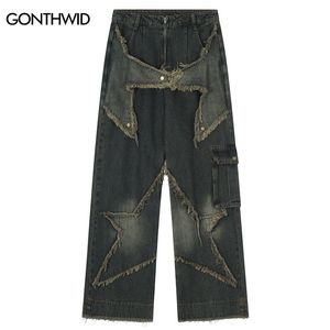 Men s Jeans Vintage Denim Pants Y2K Streetwear Retro Five Point Pentagram Star Patch Baggy Straight Harajuku Hip Hop Trousers 230804