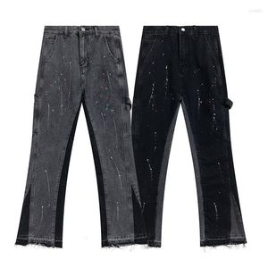 Erkek kot pantolon high cadde alevlendi moda hip-hop gevşek düz denim pantolon retro rahat yıkanmış soluk patchwork kaya pantolon