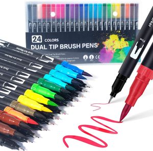 İşaretçiler Çift Uç Fırça Kalemleri Keçe Kalem Seti 24 Renk Pens Sanat Markerleri Çocuklar ve Yetişkinler Fineliner Uç Fırça İşaretleri 230803