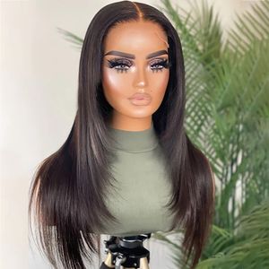 Katmanlı kesilmiş düz peruklar ön hazırlıklı doğal saç çizgisi uzun düz dantel peruklar Siyah kadınlar için günlük kullanım 30 inç sentetik saç