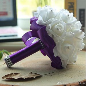 Ucuz Köpük Gül Gelin Düğün Buket Düğün Dekorasyon Kristalleri Yapay Çiçek Nedime Gelin El Tutma Broş Çiçekleri230D