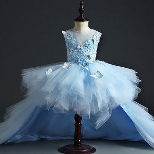Zarif Uzun İzleme Mavi Tül Kızlar Pageant Elbise Düğün Çiçek Kız Parti Prensesi İlk Cemaat Gown283J