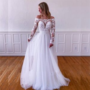 Простое кружево с плеча пляжного свадебного платья иллюзия с длинным рукавом свадебное платье и размер гостей для чернокожих