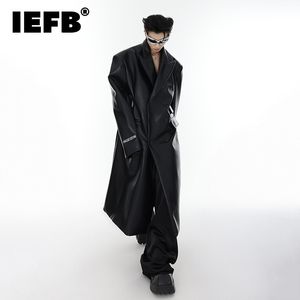 Erkek trençkotları IEFB 2023 Sonbahar Erkekler Palto Tasarım Moda Pu Deri Omuz Rüzgar Dergilek Çift Göğüslü Uzun Ceket 9C1315 230804