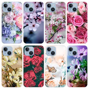 Модный летний цветок мягкий футболист для iPhone 15 плюс 14 Pro Max 13 12 11 XR XS 8 7 iPhone15 Rose Peach Blossom Chrysanthemum Rivers River