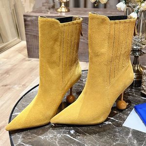 Botas Sexy Estranhas de Salto Alto Bico Pontudo Tornozelo Botas Moda Feminina Botas Femininas de Couro Amarelo Botas Curtas