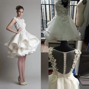 Krikor Jabotian Kısa Dantel Gelinlik 2023 Bileau Cap Sleeves Sırtsız Diz Uzunluğu Bir Çizgi Organza Plajı Gelin Bowns 328 328