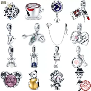 925 Gümüş Fit Pandora Charm 925 Bilezik Kum Kahve Kupası Kolye Pençe Baskı Bones Güvenlik Zinciri Takımları için Güvenlik Zinciri Takı 925 Charm Boncuk Aksesuarları