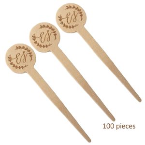 Forks 100pcs Wood Food Picks Fruit Fork Sticks Party 8cm Buffet Cupcake Toppers Cocktail Wedding Festival Deco Customize 230804