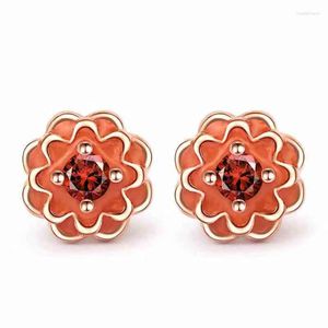 Stud Küpeler Avrupa DIY El Yapımı Dahlia Orijinal 925 Gümüş Gül Petal Bahçe Pembe Emaye Takı ile Uyumlu