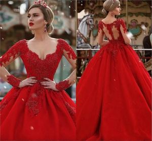 Tasarımcı Uzun Kırmızı Elbiseler Akşam Bir Çizgi Giymek V Boyun Uzun İllüzyon Kolları İllüzyon Geri Boncuklu Resmi Balo Elbise Partisi önlükleri