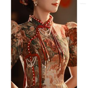 Etnik Giyim Gelin Çiçek Baskı Gelinlik Partisi Tost Çin tarzı Vintage Stand Yaka Ziyafet Resmi Prom Elbise