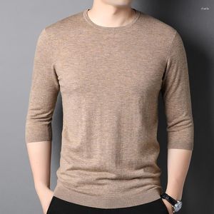 Camisetas masculinas de lã com manga três quartos de comprimento, gola redonda, suéter fino para primavera e verão, camisa de malha respirável