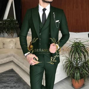 Erkekler Suits Blazers varış Erkek takım elbise ince fit 3 parça yaka koyu yeşil klasik erkekler düğün takım elbise damat blazervestpants kostüm homme 230804