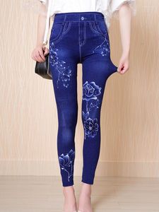 Leggings femininas de cintura alta femininas elásticas estampadas florais elegantes jeggings jeans azuis falsos roupas casuais calças lápis