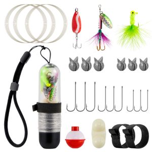 Fish Finder 25pcs Pocket Reel Survival Fishing Kit Line Jig Head Hook Spoon Spinner Bait Hiking Camping Tool Bass Crappies Trout 230807