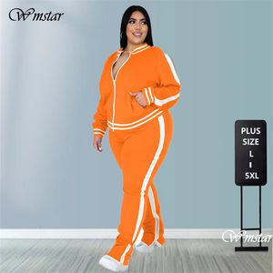 Women's Plus Size Pants L 5XL Two Piece Set Women Sweatsuit Zip Striped Top Slit Sweatpants Jogger Outfit Matching Wholesale Drop 230808