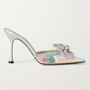 2023 Yeni Bayanlar Gerçek Patent Deri Sandalet 8.5cm Stiletto Yüksek Topuklu Toe Toe Toe Tipper Elmas Ayakkabı Part Pu Dazzle Düğün Amerikan Avrupa Bowtie