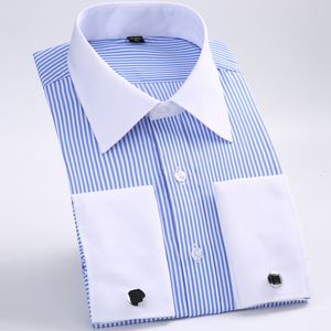 Men's Casual Shirts Men's Classic French Cuffs Striped Dress Shirt Single Patch Pocket Standard-fit Long Sleeve Wedding Shirts Cufflink Included 230807