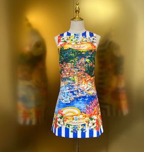 Kadın elbise kolsuz toplanmış bel sicilya deniz manzarası basılı mini elbise