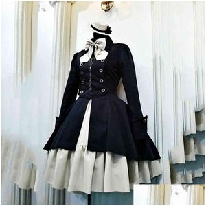 Tema kostümü ortaçağ retro gotik siyah dantel yukarı zincir yay lolita ceket uzun kollu fırfır
