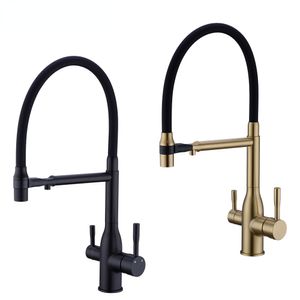 Black Kitchen Water Filter Faucet Brass Drinking Filtered Crane Dual Spout Mixer 360 Degree Rotation Water Purification Taps