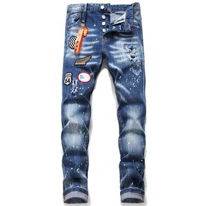 Мужские джинсы Маленькие прямые джинсы с вышивкой с разорванными пятнами и эластичными красками брызги.