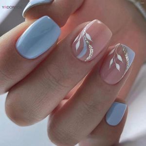 24Pcs Press-On Nail Tips - Light Blue & Pink Leaf Design, DIY Fake Nails for Home Manicure