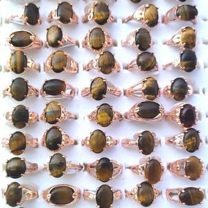 50pcs Natural Tiger Eye Stone Rings Tamanho misto para mulheres com base de cores de ouro rosa