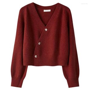 Suéteres femininos com fivela diagonal 2023 outono/primavera suéter pequeno tricô cardigã jaqueta curta borgonha design sense