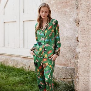 Women's Sleepwear QSROCIO Summer Ice Silk Thin Pajamas Long Sleeved Pants Two Piece Set Cute Girl Green Constellation Cartoon Home Clothes