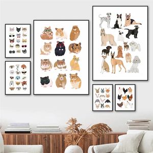 Cats Dogs Monkey Tavşan Gine Domuz Klasikler Tuval Boyama Hayvan Türleri Grafik Posterler ve Baskı Duvar Art Bebek Oda Dekorasyon Kreş Dekoru Wo6