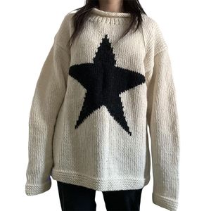 Kadın Sweaters Kadın Gevşek Örgü Sweater Yıldız Desen Külotları Bayanlar Yuvarlak Yakalı Uzun Kollu Örgü Jumpers Y2K Giysileri Sokak Giydirme 230808