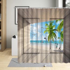 Держатели зубной щетки 3D Window View Deash Занавеска Seaside Sandy Beach Coconut Tree Ванная комната с крюком водонепроницаемой ткани декоративное костюм 230809