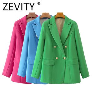 Женские костюмы Blazers Zevity Women Fashion Double Breadsed Candy Coland Blazer Coat Vintage Clazer Long Elice Pocket