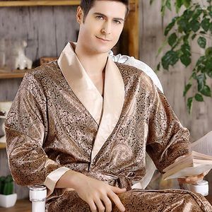 Men's Sleepwear Men Silk Robe Nightgown Satin Kimono Bathrobe Gown Plus Size Casual Print Gold Home Dressing 3XL 4XL 5XL
