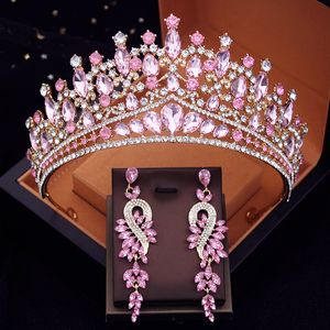 Düğün Saç Takıları Muhteşem Kristal Taç Küpe Gelin Tiaras Prenses Prom Gelin Mor Kraliyet Aksesuarları 230809