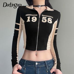 Женские куртки Darlingaga Harajuku Pactwork Zip Up Осенняя куртка Женская спортивная повседневная цифровая тощая палочка палочко